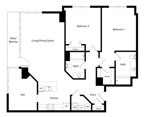 the two-bedroom Orlando with den floor plan at Midtown Crossing Apartments in Omaha, NE